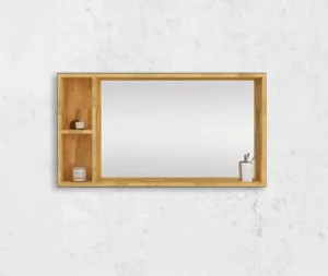 מראה מיוחדת מעוצבת עם מסגרת בוצ׳ר שיוצרת מדף + תאים פתוחים