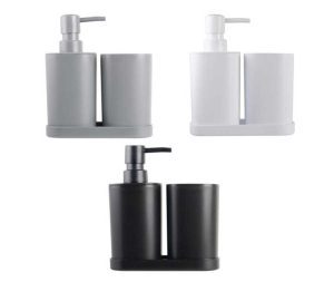 דיספנסר לסבון נוזלי כוס ומגש מפלסטיק שחור | לבן | אפור