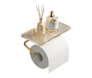 מתקן נייר טואלט ומדף זכוכית בהדבקה קדיחה זהב מוברש
