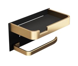 מתקן נייר טואלט עם מדף ניתן להדבקה ללא קידוח שחור זהב משולב