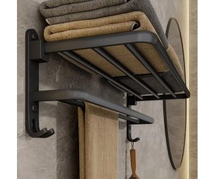 מתלה למגבות אמבטיה משולב מדף+קולבים בגוון שחור מט 59 ס"מ