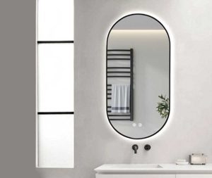 מראה אובלית עם תאורה ומפשיר אדים מסגרת שחורה