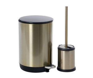 סט פח אשפה 5 ליטר ומברשת לאסלה בגוון זהב