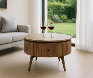 שולחן סלון עגול ומגירה עץ מנגו טבעי