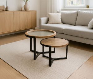 סט 2 שולחנות עץ מנגו עם זכוכית מט