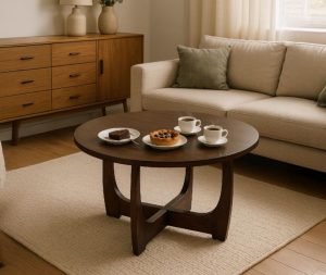 שולחן סלון עגול עץ מנגו כהה