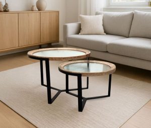 סט 2 שולחנות עץ מנגו עם זכוכיות מט